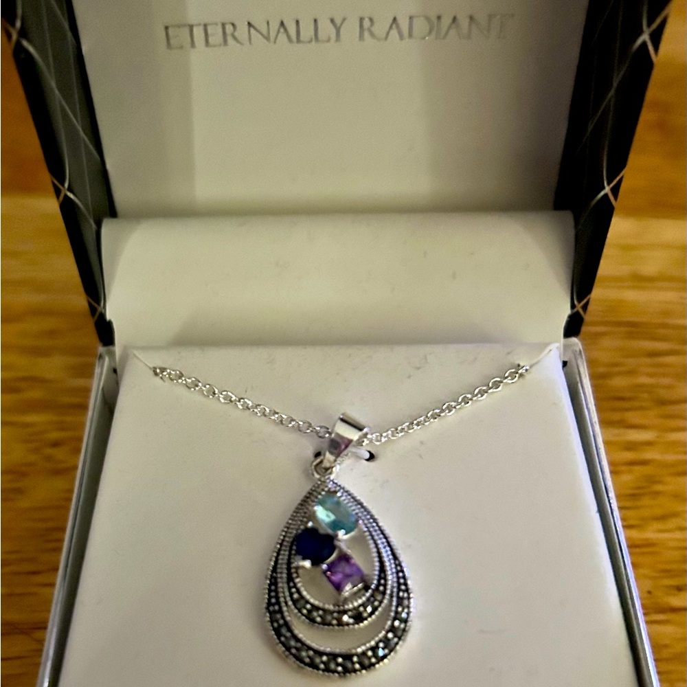 Silver Teardrop Necklace with Blue and Purple Stones